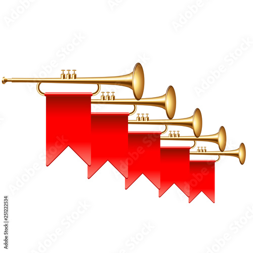 Trumpets with red flags isolated on white vector illustration