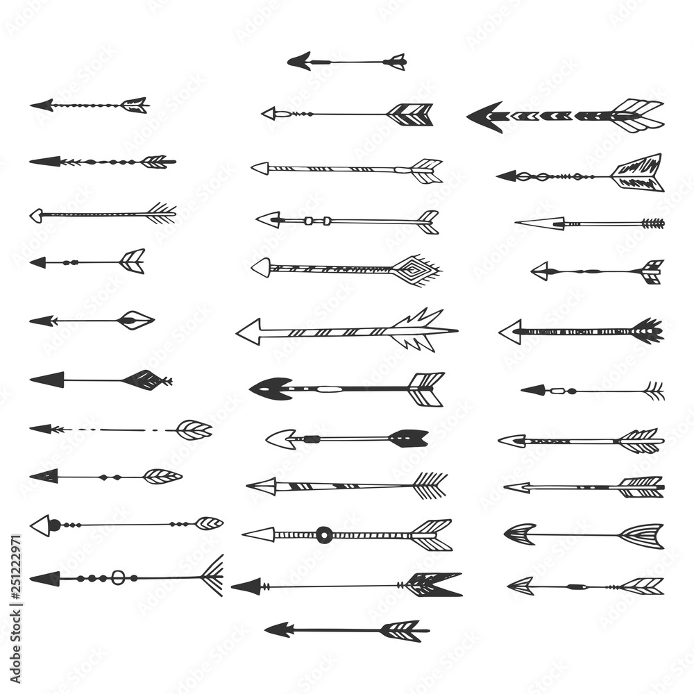 Collection of hand drawn vector arrows on white background. Doodle ethnic arrows. Elements for decoration.  - obrazy, fototapety, plakaty 