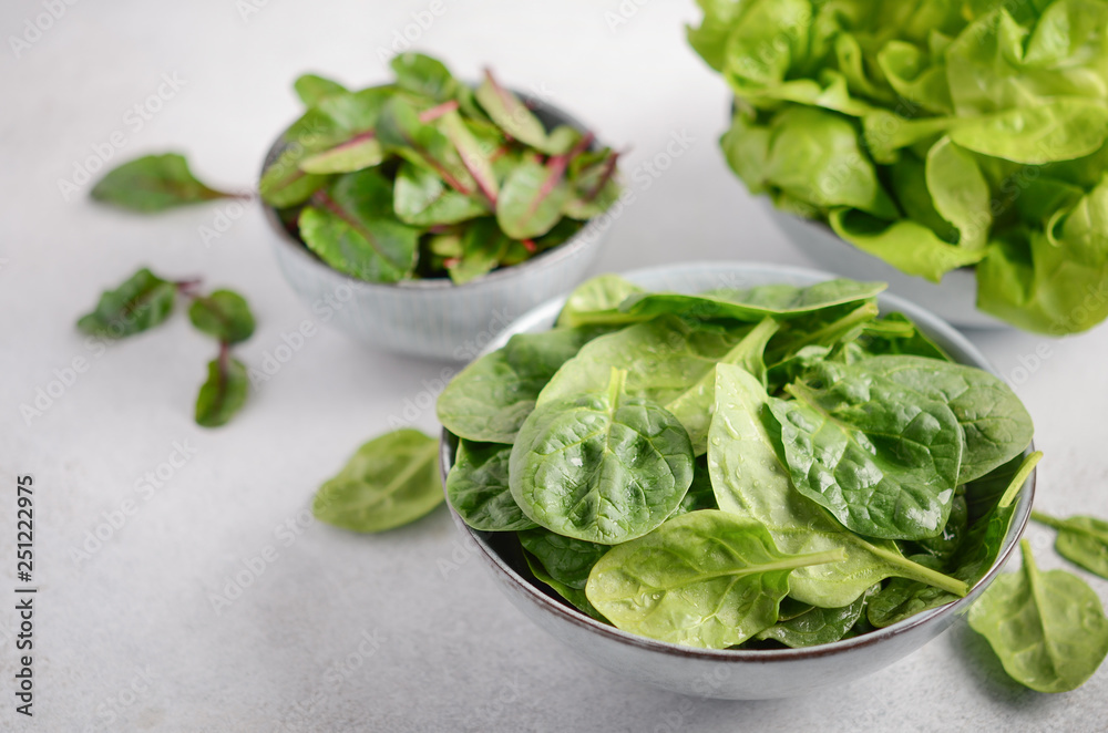 Fresh green salad leaves in a bowls on a gray concrete background, selective focus. Fresh green salad leaves in a bowls on a gray concrete background, selective focus.