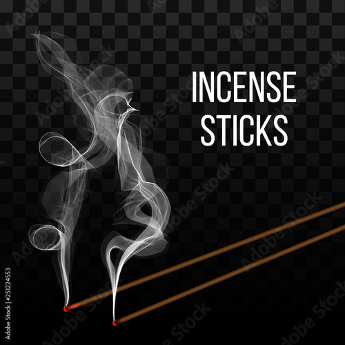 Creative vector illustration of realistic incense stick aroma with smoke isolated on transparent background. Art design incense burning. Abstract concept Chinese New Year graphic element