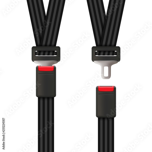 Creative vector illustration of safety seat belt, open and closed seatbelt isolated on transparent background. Art design road strap. Abstract concept car, airplane driver protection graphic element