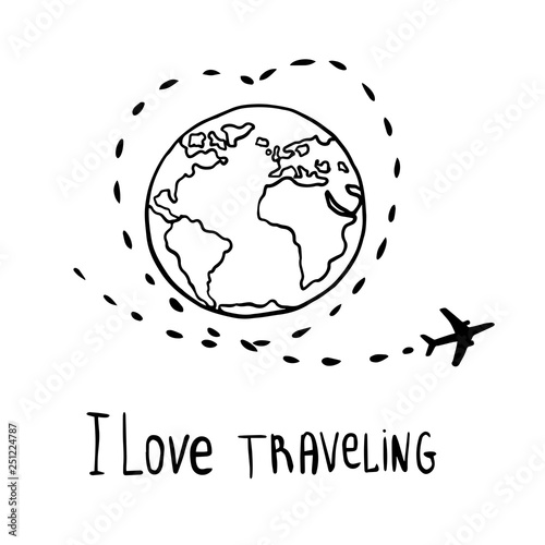 Lines. Silhouette airplane. Flight around the world. Earth. Map of the ground. Airplane and globe. Vector illustration