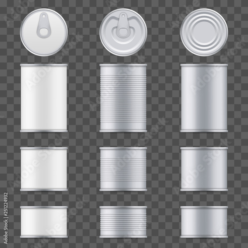 Creative vector illustration metal tin can of tuna top and front view isolated on transparent background. Art design food aluminum, steel packaging template mock up. Abstract concept graphic element