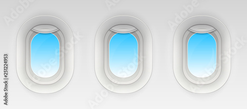 Creative vector illustration of flight airplane window, blank plane portholes isolated on transparent background. Art design aircraft open and closed illuminator. Abstract concept graphic element