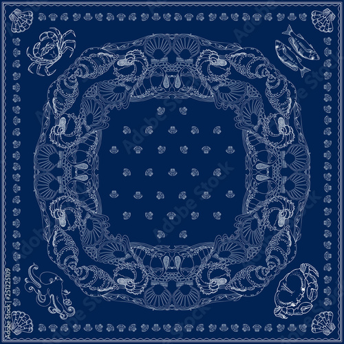 Bandana square pattern. Vector marine-themed illustration on blue.