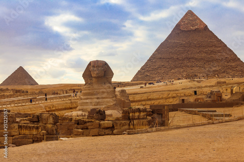 Egyptian Great Sphinx and pyramids of Giza in Cairo  Egypt