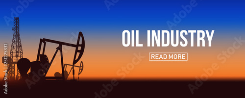 Creative vector illustration of oil pump industry silhouette, field pumpjack, rig drill over sunset isolated on background. Art design template. Abstract concept graphic equipment element