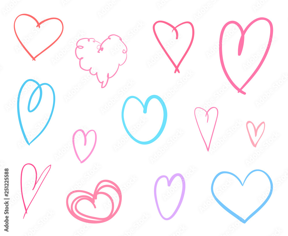 Colorful hearts on isolated white background. Hand drawn set of love signs. Unique abstract image for design. Line art creation. Colored illustration. Elements for poster or flyer