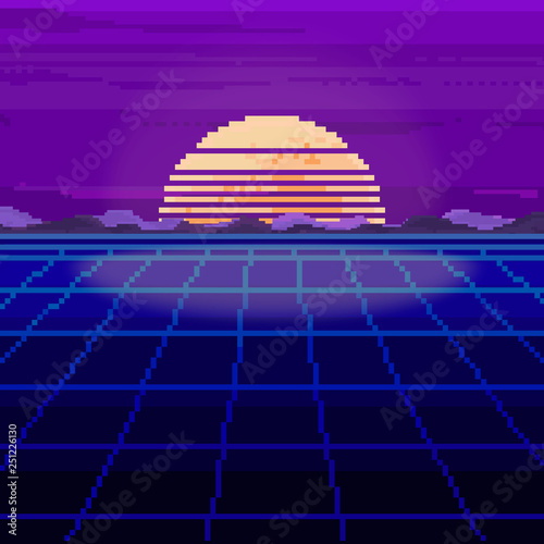 Vector of pixel city. Pixel art background. 80s Retro Sci-Fi Background. Pixel skyline city. 8 bit.