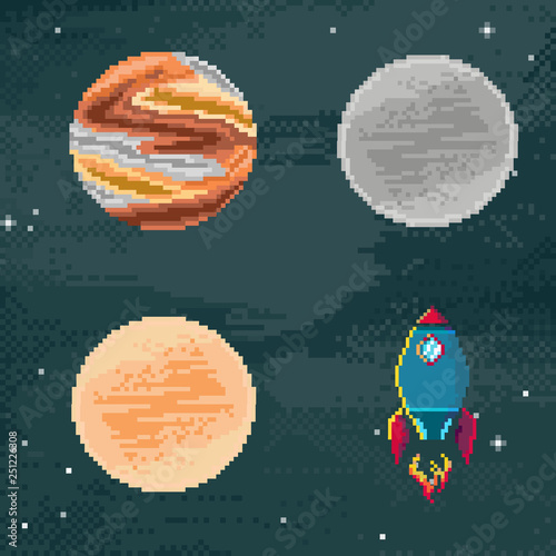 Pixel art icons. Planet, spaceship. Retro game design interface. Pixel art background. 8 bit. 