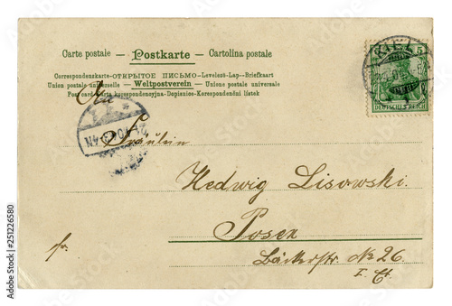 Back of historical german postcard  letter written in black ink, with postmark Keel, 1904, Schleswig-Holstein, Germany
