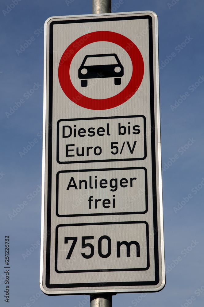 Traffic sign in Hamburg, Germany, prohibiting older diesel vehicles to enter Max-Brauer-Allee Traffic sign in Hamburg, Germany, prohibiting older diesel vehicles to enter Max-Brauer-Allee
