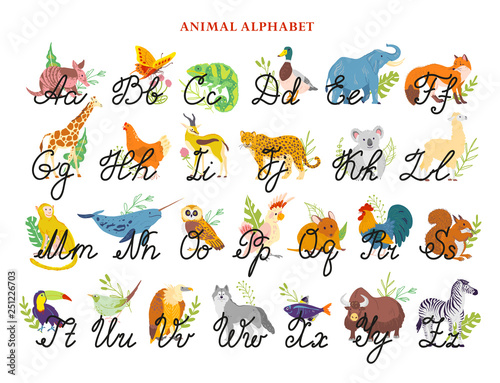 Vector animal alphabet with hand drawn letters font (caps and lowercase) isolated on white background. Hand drawn flat style. Mammals & birds. Good for children illustrations, books, banners, prints.