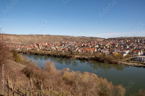 View over the Neckarschleife and Hessigheim under a blue sky