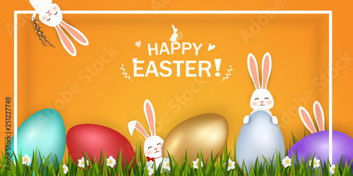 Happy Easter. Easter Rabbit Bunny with eggs, grass, flowers in field. Cute, funny cartoon rabbit character with Paschal egg. Design template for Banner, flyer, invitation, greeting card, poster