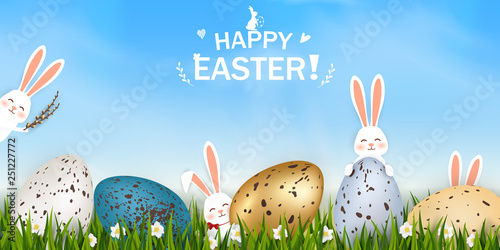 Happy Easter. Easter Rabbit Bunny with eggs, grass, flowers in field. Cute, funny cartoon rabbit character with Paschal egg. Design template for Banner, flyer, invitation, greeting card, poster