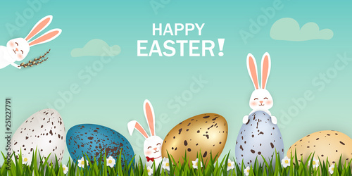 Happy Easter. Easter Rabbit Bunny with eggs, grass, flowers in field. Cute, funny cartoon rabbit character with Paschal egg. Design template for Banner, flyer, invitation, greeting card, poster