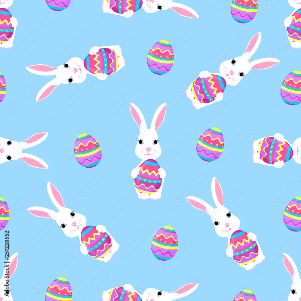 Fototapeta premium Cute Easter bunny holds paschal egg in its paws seamless pattern.
