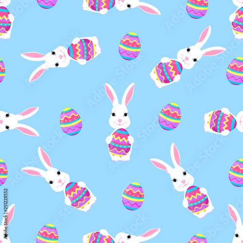 Cute Easter bunny holds paschal egg in its paws seamless pattern.