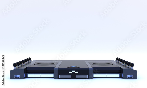 Si-fi pedestal for display on white background. Mock up of empty stage. Space to place your text or object. Cyberpunk. Dark metal and blue neon. 3d render.