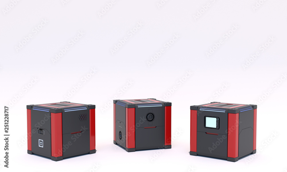 Three pedestals for display on white background. Mock up of empty stage. Space to place your text or object. Cyberpunk. Si-fi. Dark and red metal. 3d render. Three pedestals for display on white background. Mock up of empty stage. Space to place your text or object. Cyberpunk. Si-fi. Dark and red metal. 3d render.