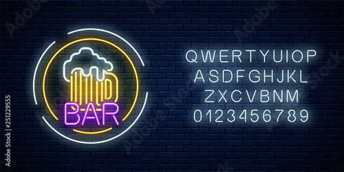 Glowing neon beer pub signboard in circle frames with alphabet. Luminous advertising sign of bar