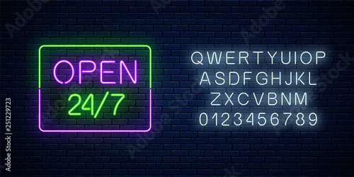 Neon open 24 hours 7 days a week sign in rectangle shape with alphabet. Round the clock working bar