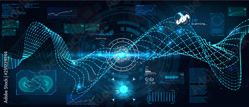Data flow analysis. Big data algorithms visualization, technologies infographic analytic in HUD style. Futuristic interface. Statistics big data, analytical indicator and biology formuls. Vector Hud