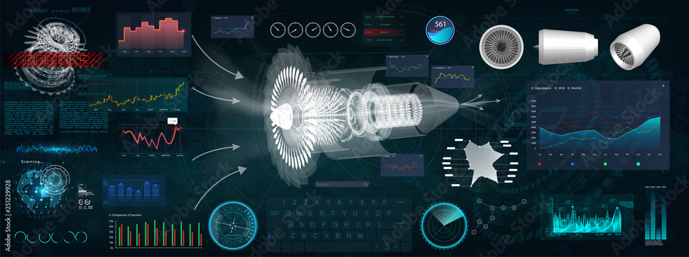 Jet Engine 3D isometric of Airplane in HUD style. Outline Style and ...