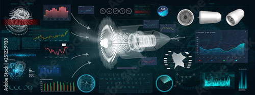Jet Engine 3D isometric of Airplane in HUD style. Outline Style and Modern Interface Elements ( Dashboards Airplane, Scanning Jet engine and Mechanism) Industrial Blueprint. HUD Future Engineering