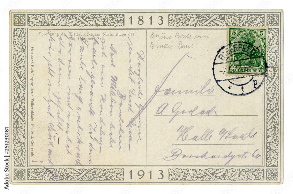 Back of historical German postcard letter written in purple pencil, 100th anniversary of the battle of the Nations 1813-1913, with postage stamp and postmark, Germany