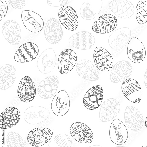 Easter eggs seamless pattern. Painted eggs with ornament on white background. Vector illustration. 