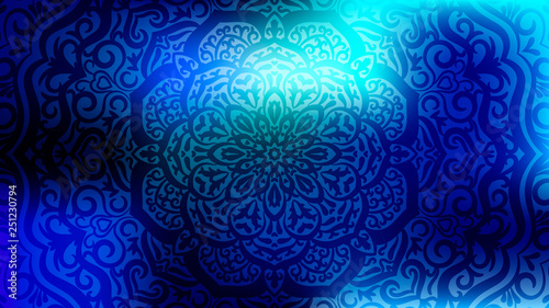 Mandala. Ornamental round doodle flower. Colorful blurred background. Modern abstract gradient card. Business poster. Vector illustration. 