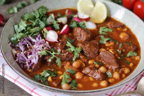 Beef Pozole with chickpeas. festive Mexican rich soup.