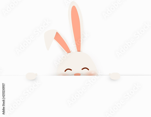 Happy Easter. Easter Rabbit Bunny standing behind a blank sign, showing on big blank sign. Cute, funny cartoon rabbit character with white copy space. vector illustration.