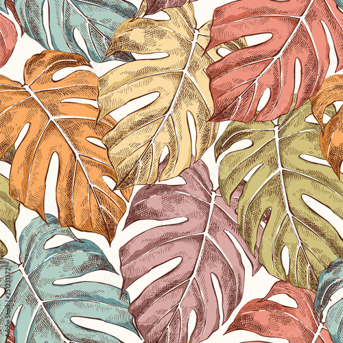 Monstera leaves hand drawn retro seamless pattern