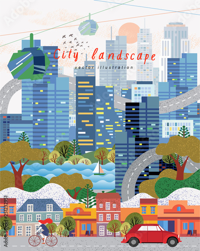 vector illustration of cityscape panorama, abstract illustration of a city background, modern metropolis with houses, skyscrapers, roads, cars and cyclist
