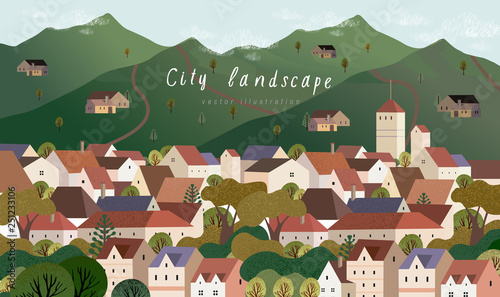 Vector illustration of a village town in Europe, cityscape with houses, mountains and trees, background for poster, covers, cards, banner