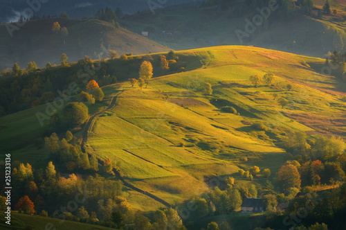 Autumn pastoral landscape in morning light. Amazing rural landscape in autumn morning with wooden houses, fences and horses. Traditional view in Carpathians, Ukraine.