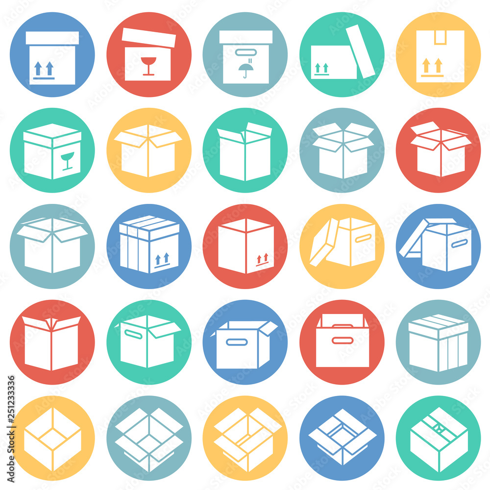 Box icons set on color circles white background for graphic and web design, Modern simple vector sign. Internet concept. Trendy symbol for website design web button or mobile app Box icons set on color circles white background for graphic and web design, Modern simple vector sign. Internet concept. Trendy symbol for website design web button or mobile app