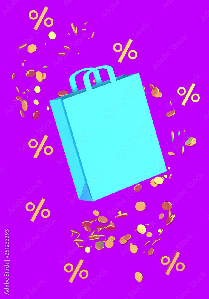 Blue shopping bag with coins and symbols of percent on violet background 3D illustration Blue shopping bag with coins and symbols of percent on violet background 3D illustration