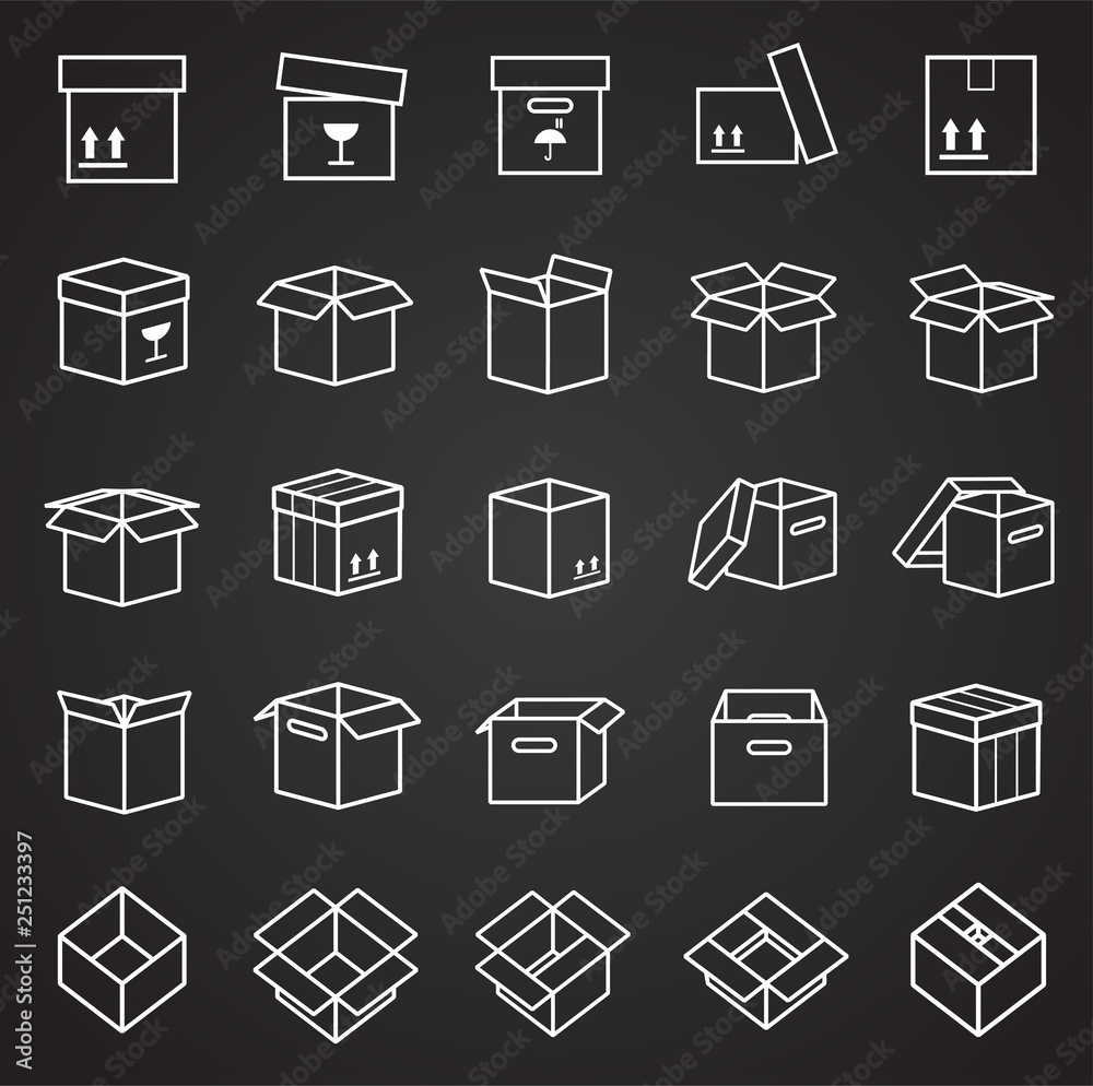 Box line icons set on black background for graphic and web design, Modern simple vector sign. Internet concept. Trendy symbol for website design web button or mobile app Box line icons set on black background for graphic and web design, Modern simple vector sign. Internet concept. Trendy symbol for website design web button or mobile app
