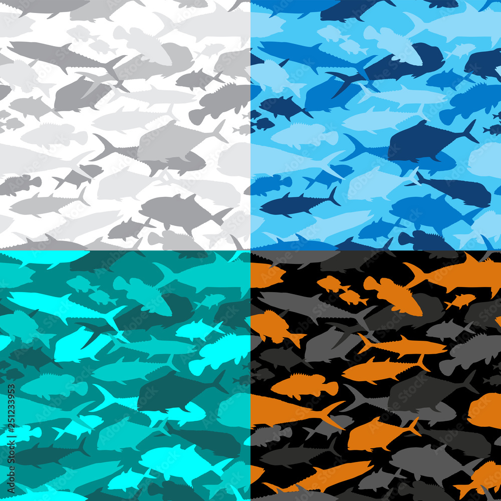 Seamless vector pattern of fishing camouflage. Set camo of