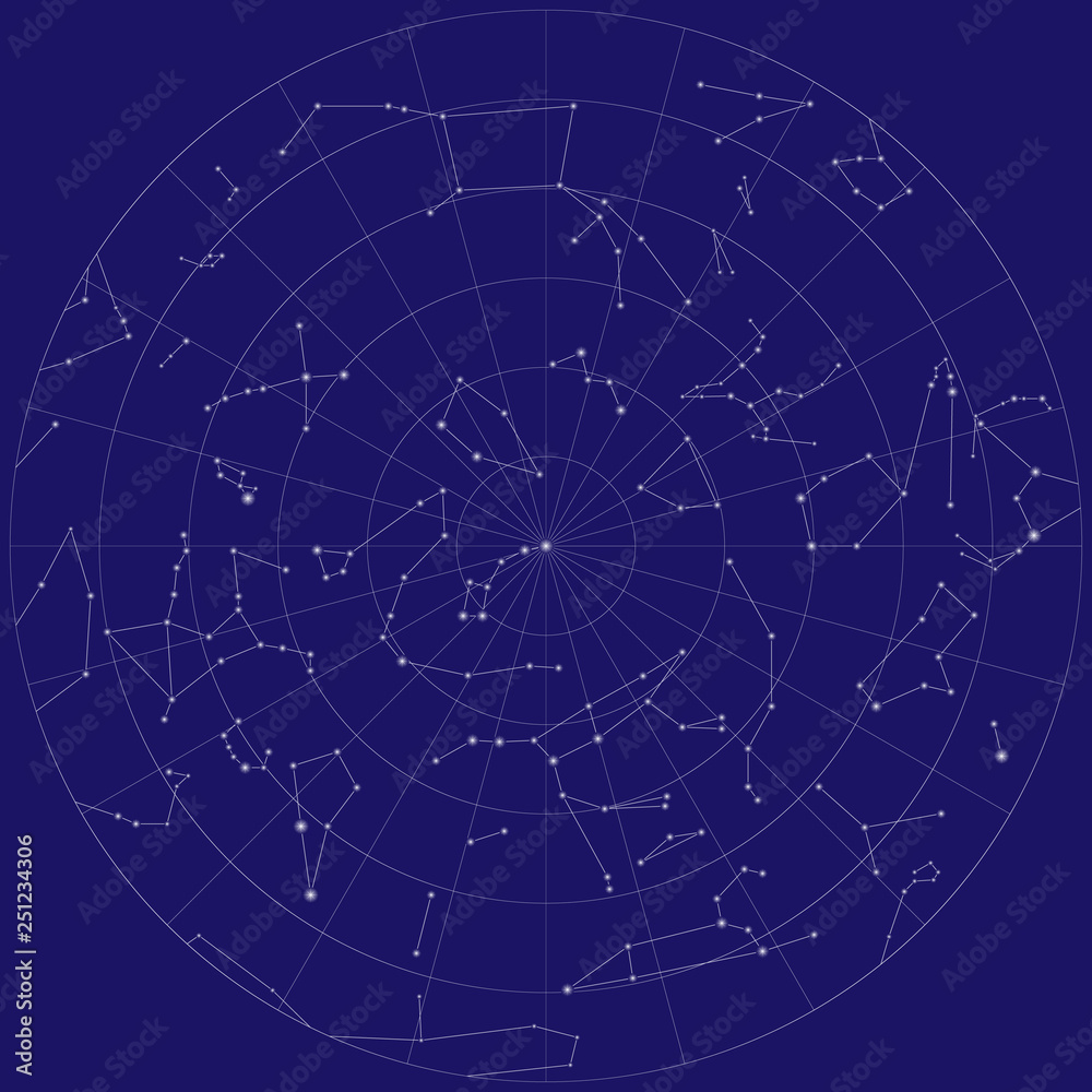 Northern hemisphere sky map vector design. Constellations of northern hemisphere