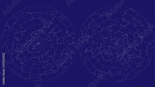 Full sky map vector design. Northern and southern hemispheres constellations