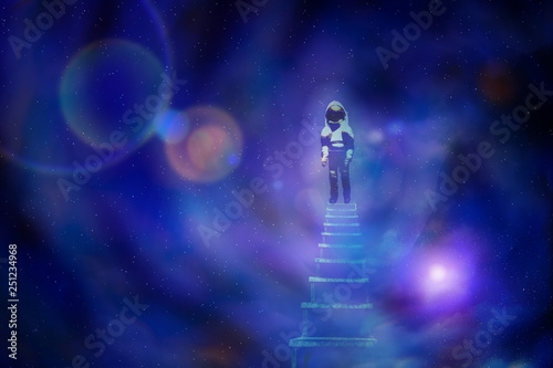 An abstract illustration of a staircase leading to the space sky.