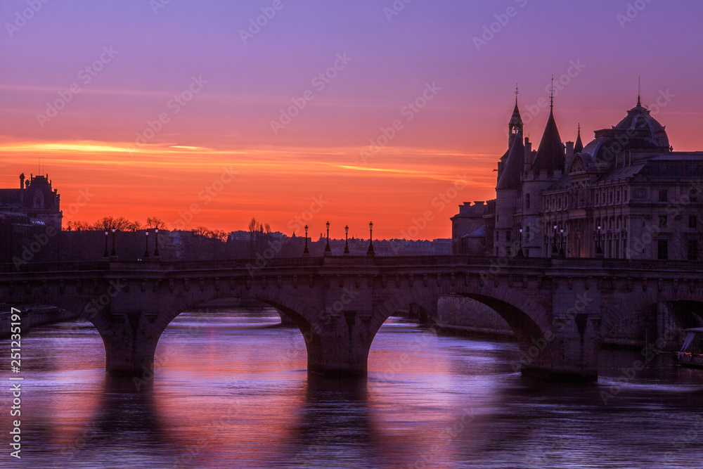 Sunset over the Seine river in Paris, France