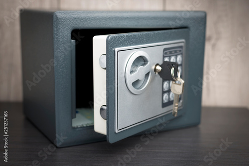 open safe with keys on the door on a light background