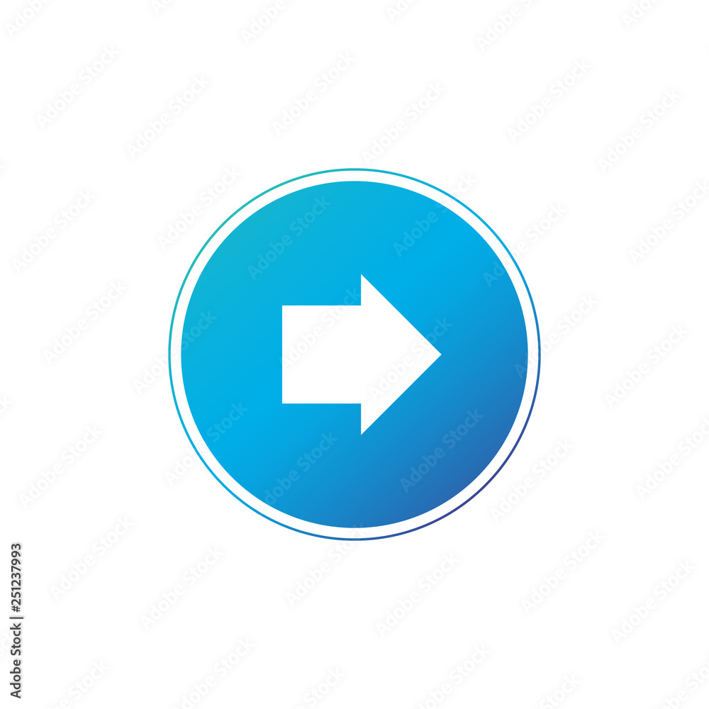 white right rounded arrow with in blue circle icon. Isolated on white. Continue icon. Next sign. East arrow. Vector illustration isolated on white