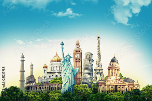 Travel illustration world's famous landmarks and tourist destinations elements in colorful background. 3d illustration.